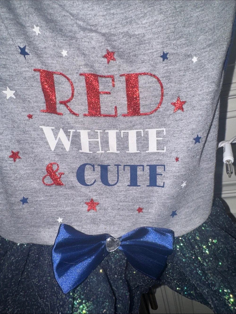 NWT. Dogs' Grey 'Red White Cute' Dress with Blue Bow